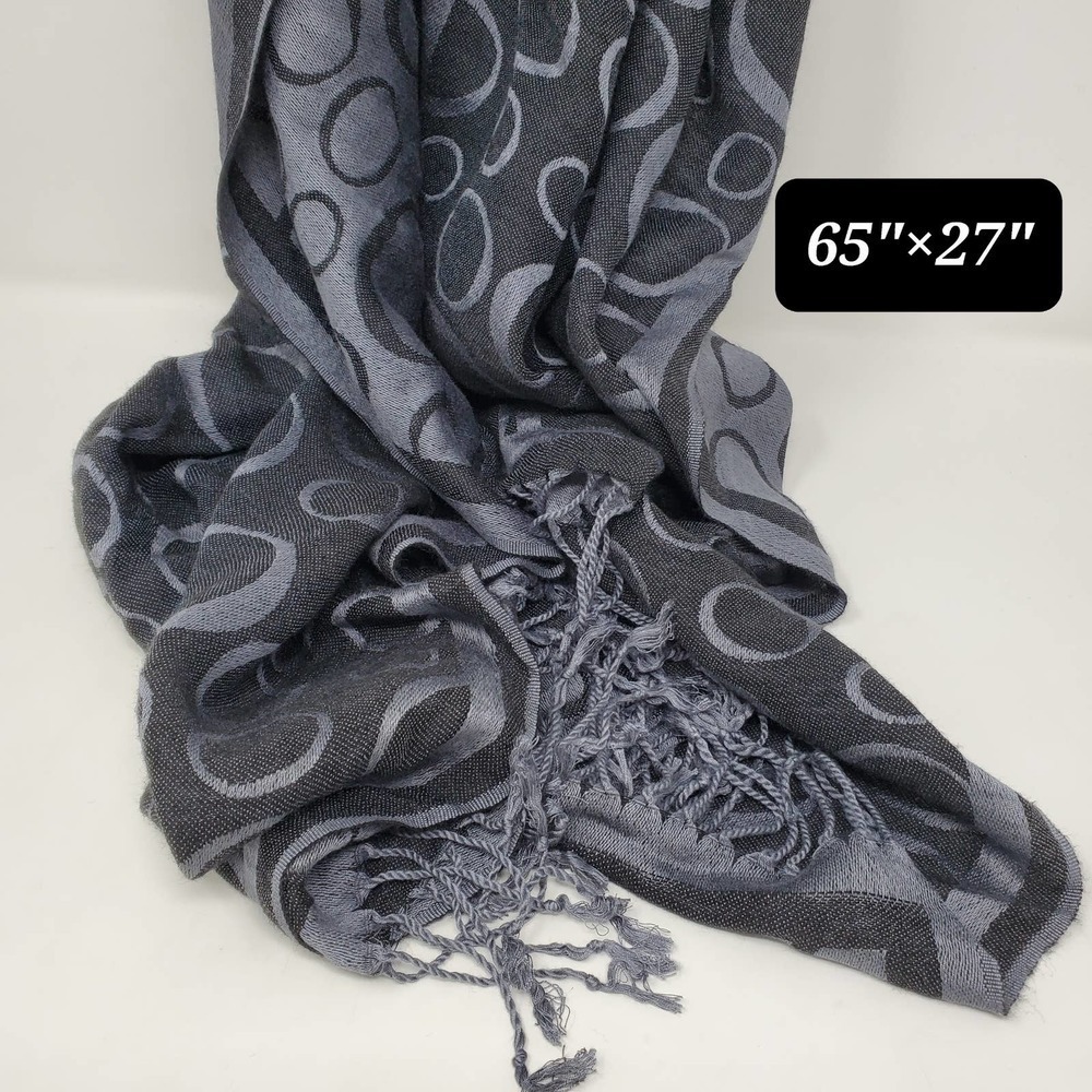 Cashmere Women Circular Geometric Pattern Fringe Gray Scarf - Picture 8 of 8
